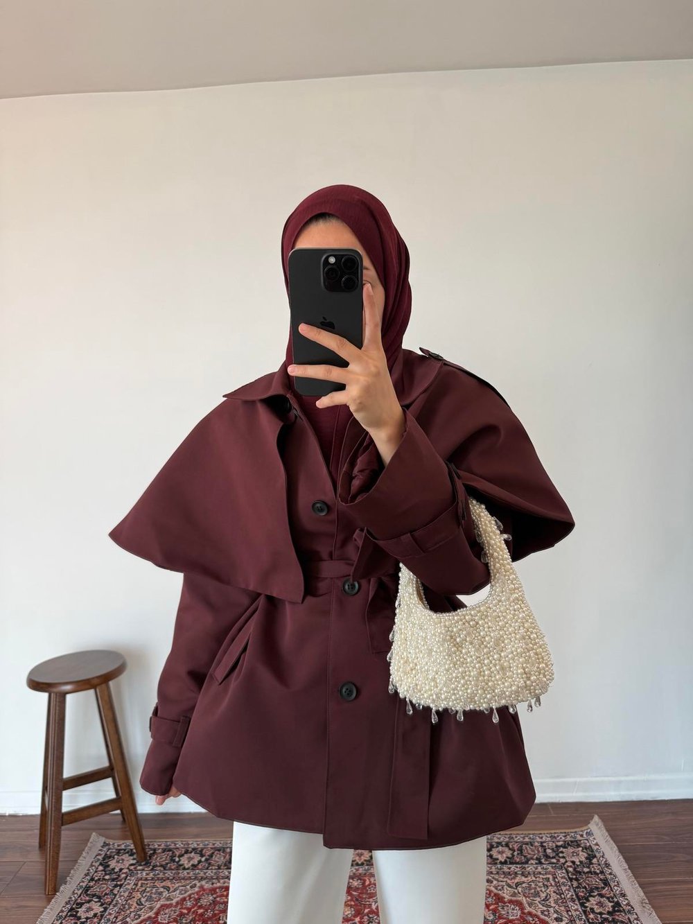 Pelerinli Premium Trençkot - Bordo