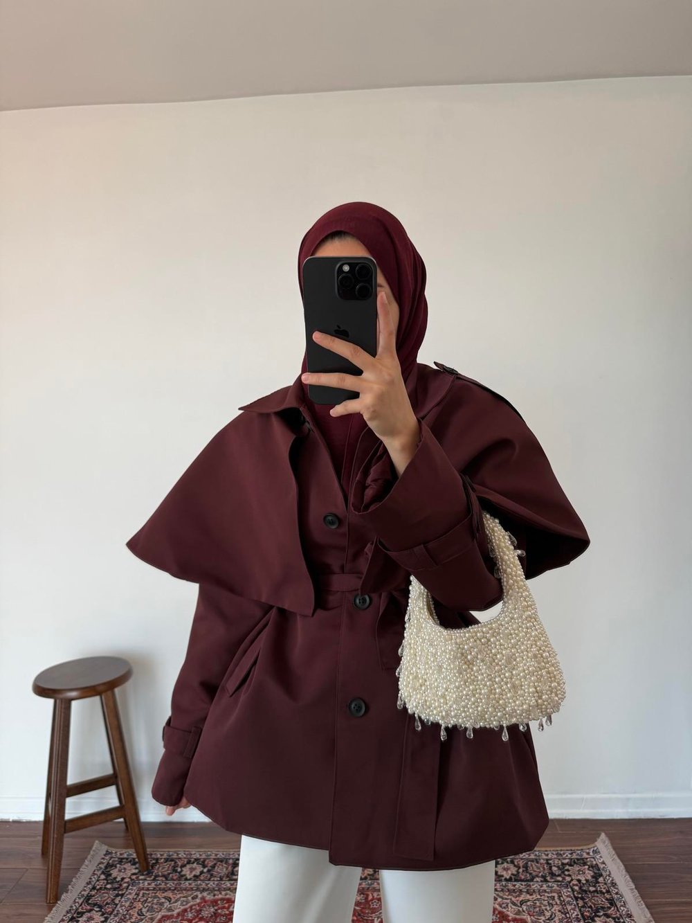 Pelerinli Premium Trençkot - Bordo