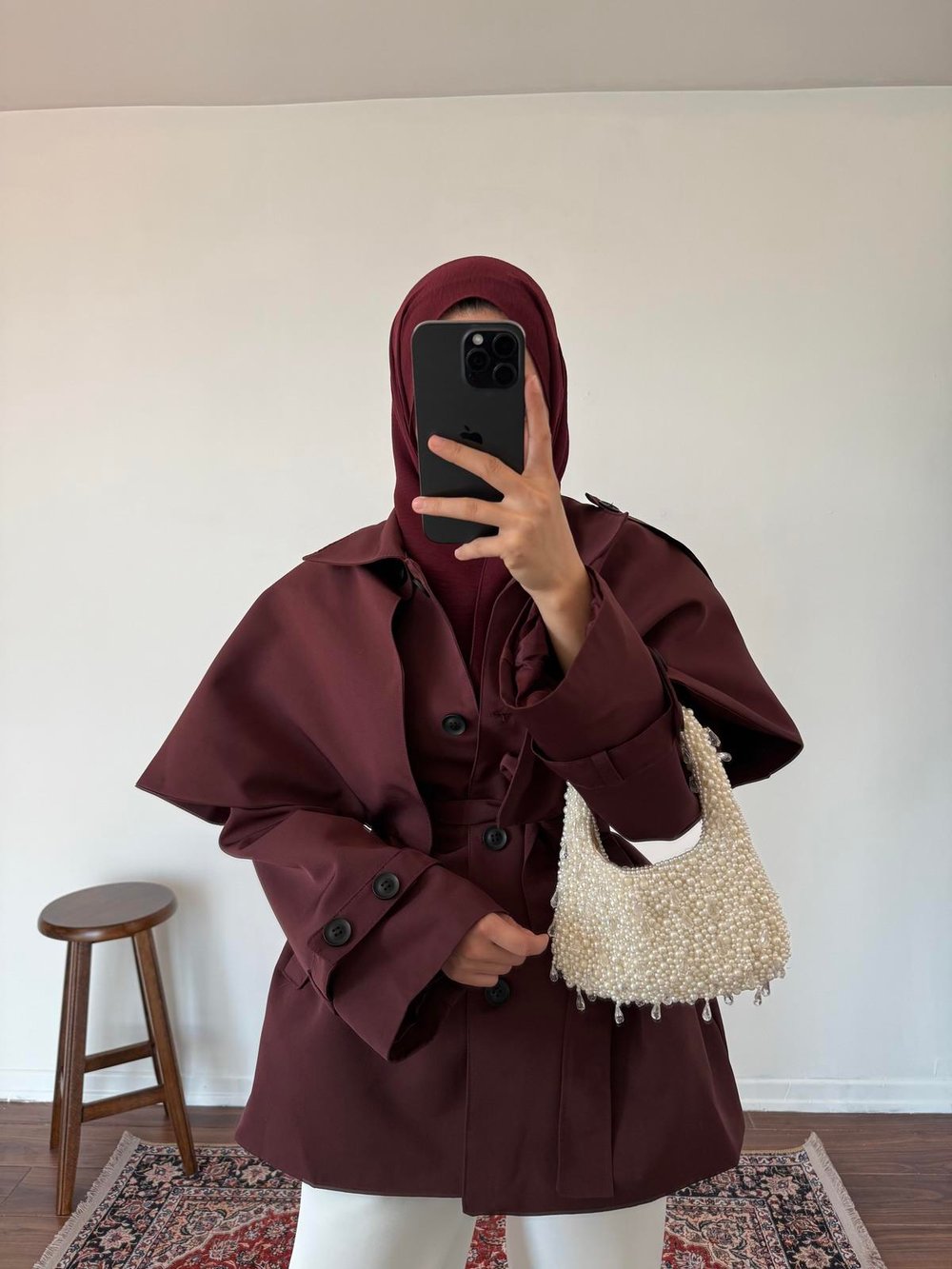 Pelerinli Premium Trençkot - Bordo