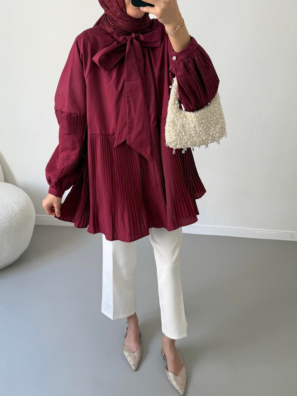 Poplin Piliseli Gömlek - Bordo