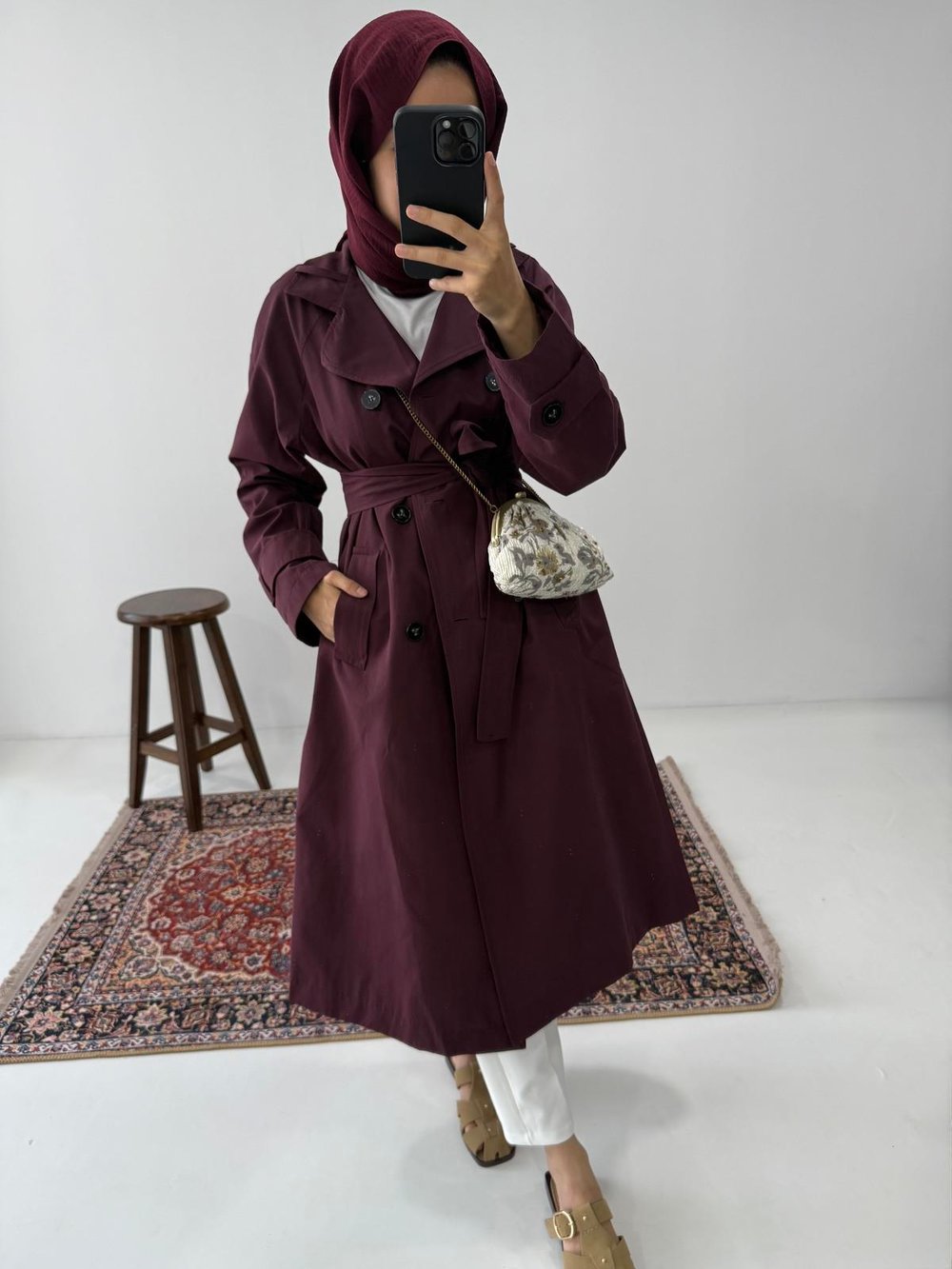 Premium Kalite Trençkot - Bordo