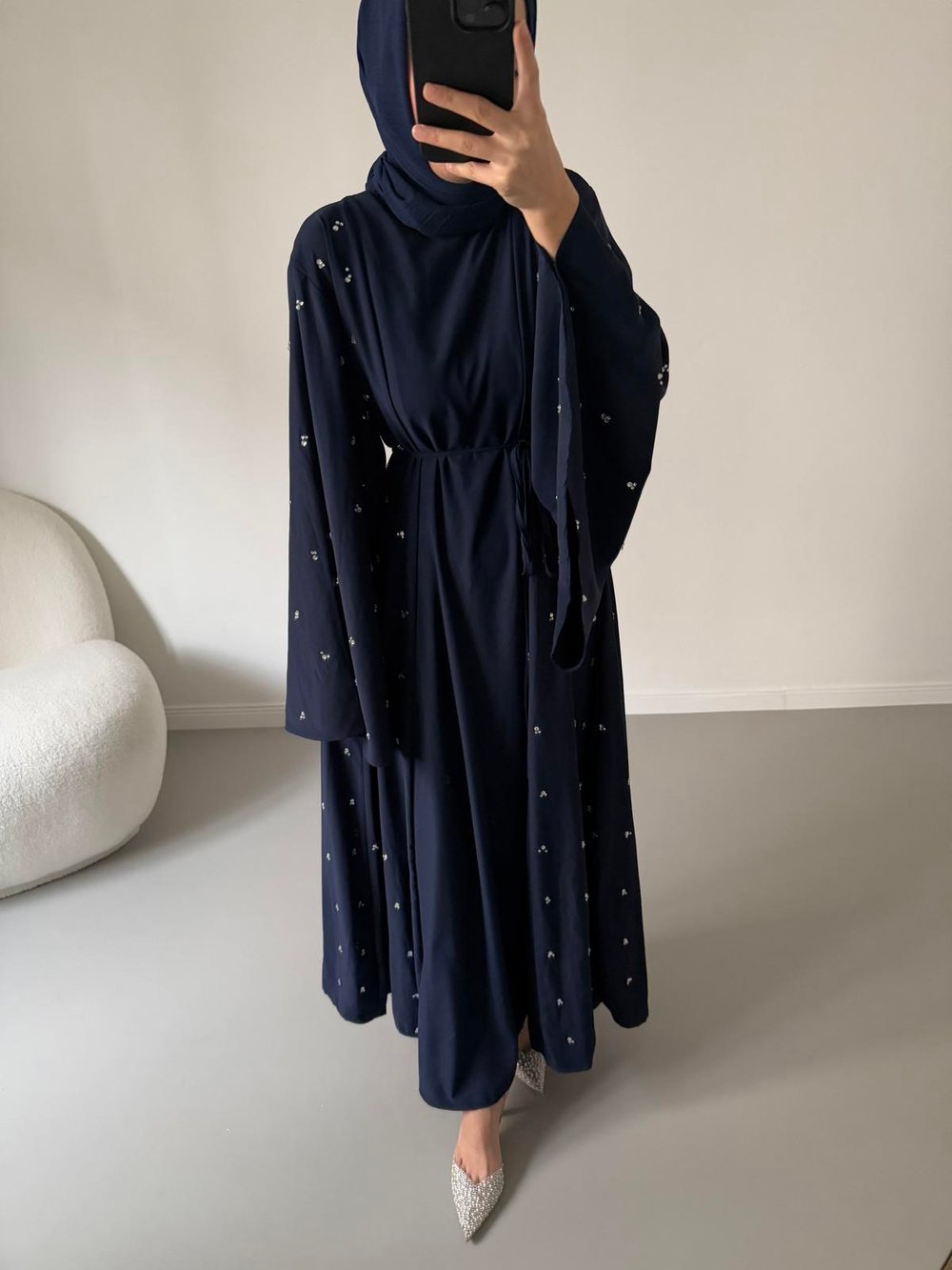 Tasarım Taş İşlemeli Abaya - Lacivert