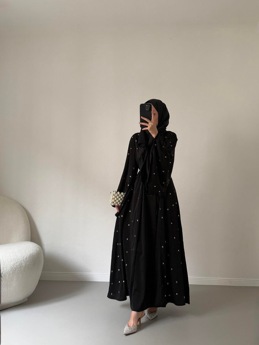 Tasarım Taş İşlemeli Abaya - Siyah