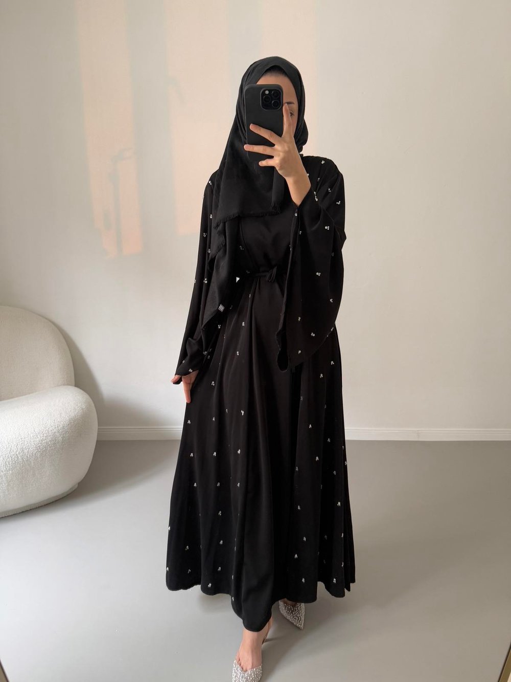 Tasarım Taş İşlemeli Abaya - Siyah