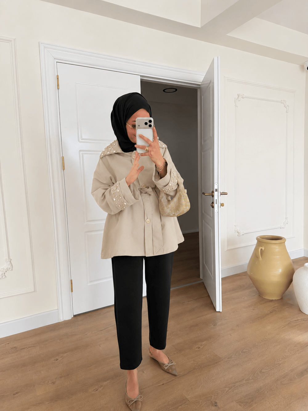 Taşlı Premium Trençkot - Camel