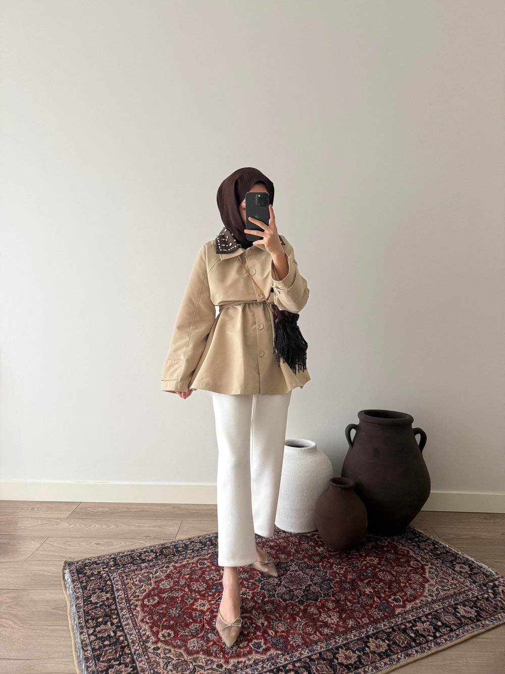 Taşlı Trençkot - Camel