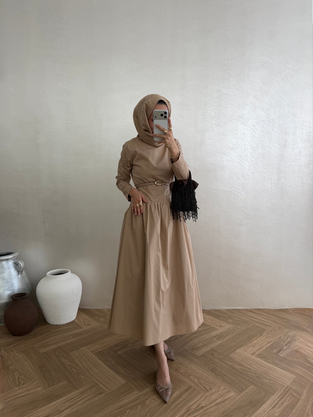 Volanlı Poplin Elbise - Camel