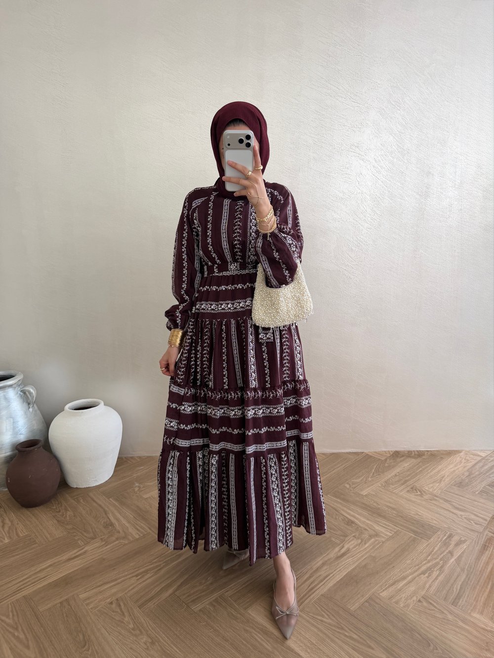 Vual Desenli Elbise - Bordo