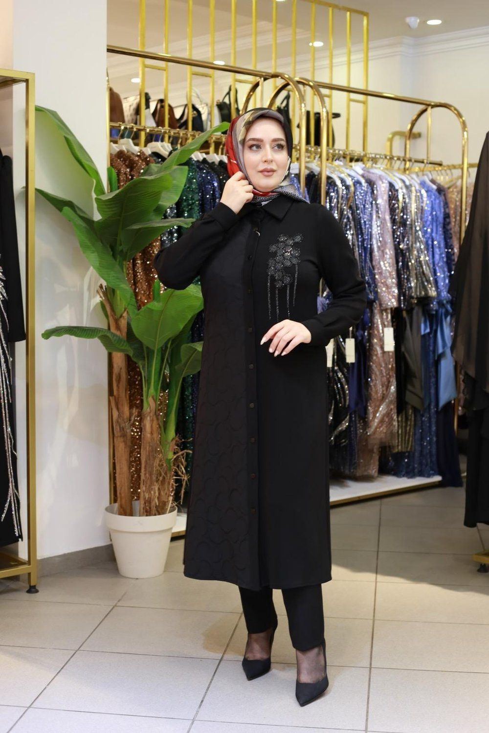 1134 KOD UZUN DESENLİ TUNİK SİYAH