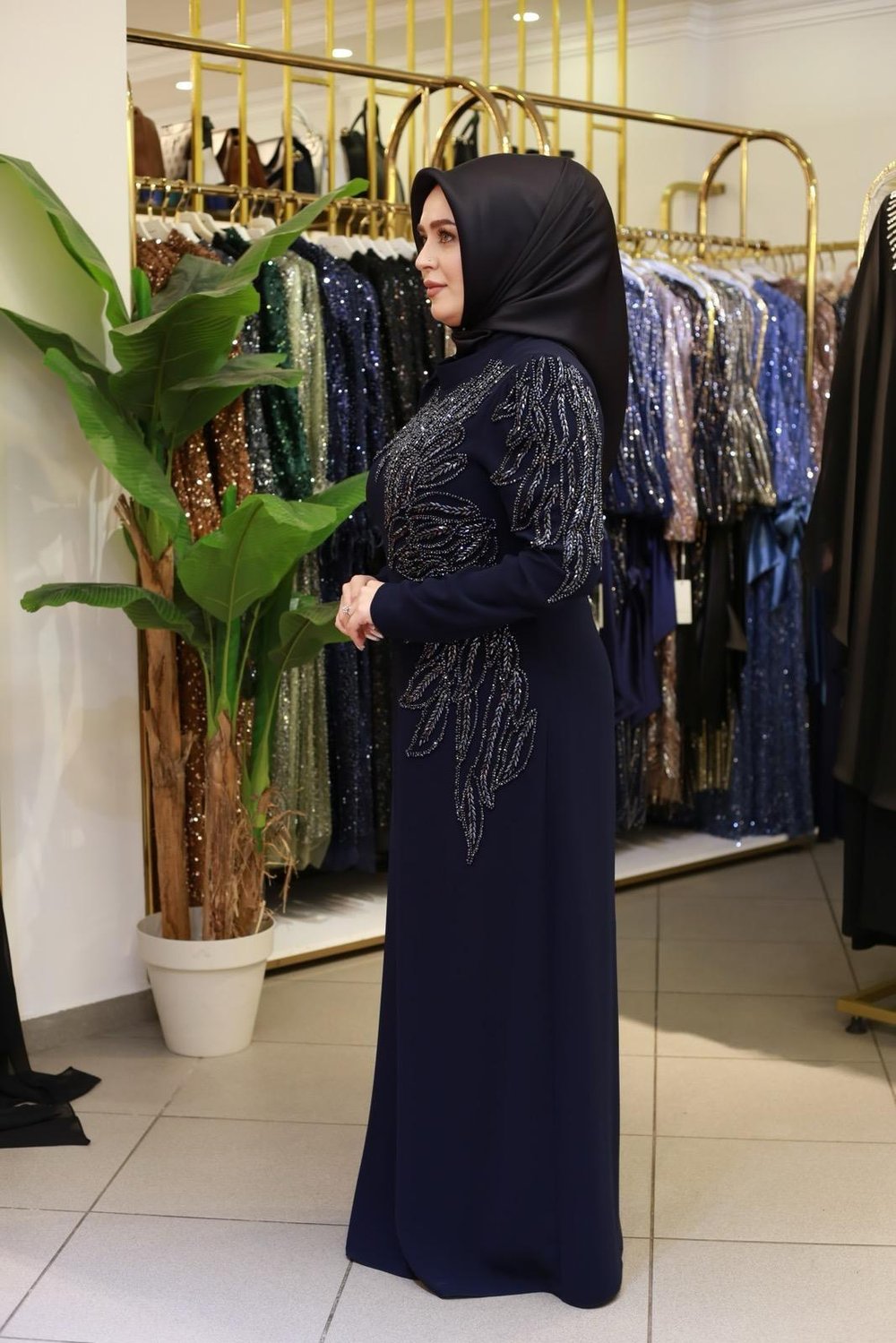 5135 KOD TAŞ İŞLEMELİ ABİYE ELBİSE LACİVERT