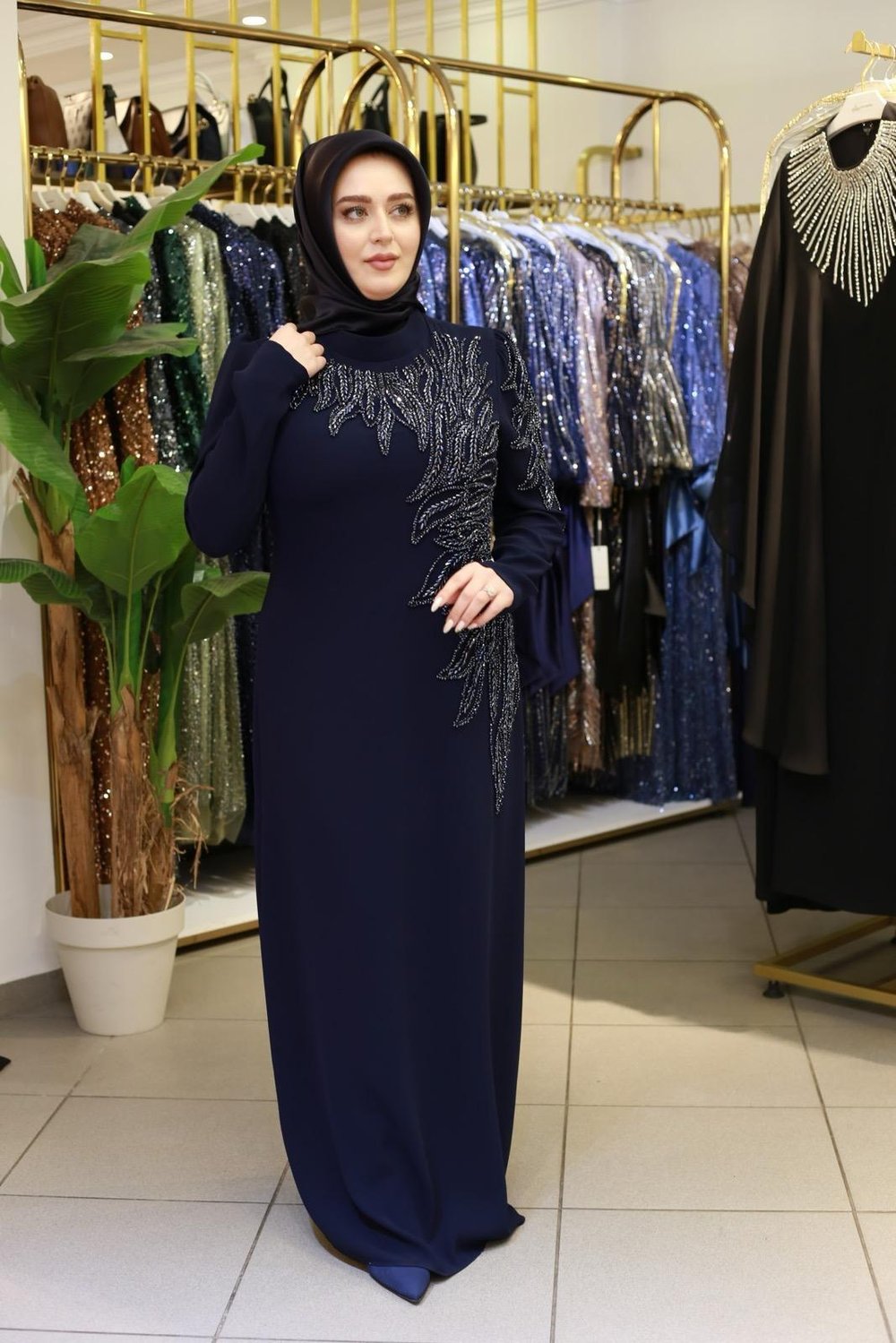 5135 KOD TAŞ İŞLEMELİ ABİYE ELBİSE LACİVERT
