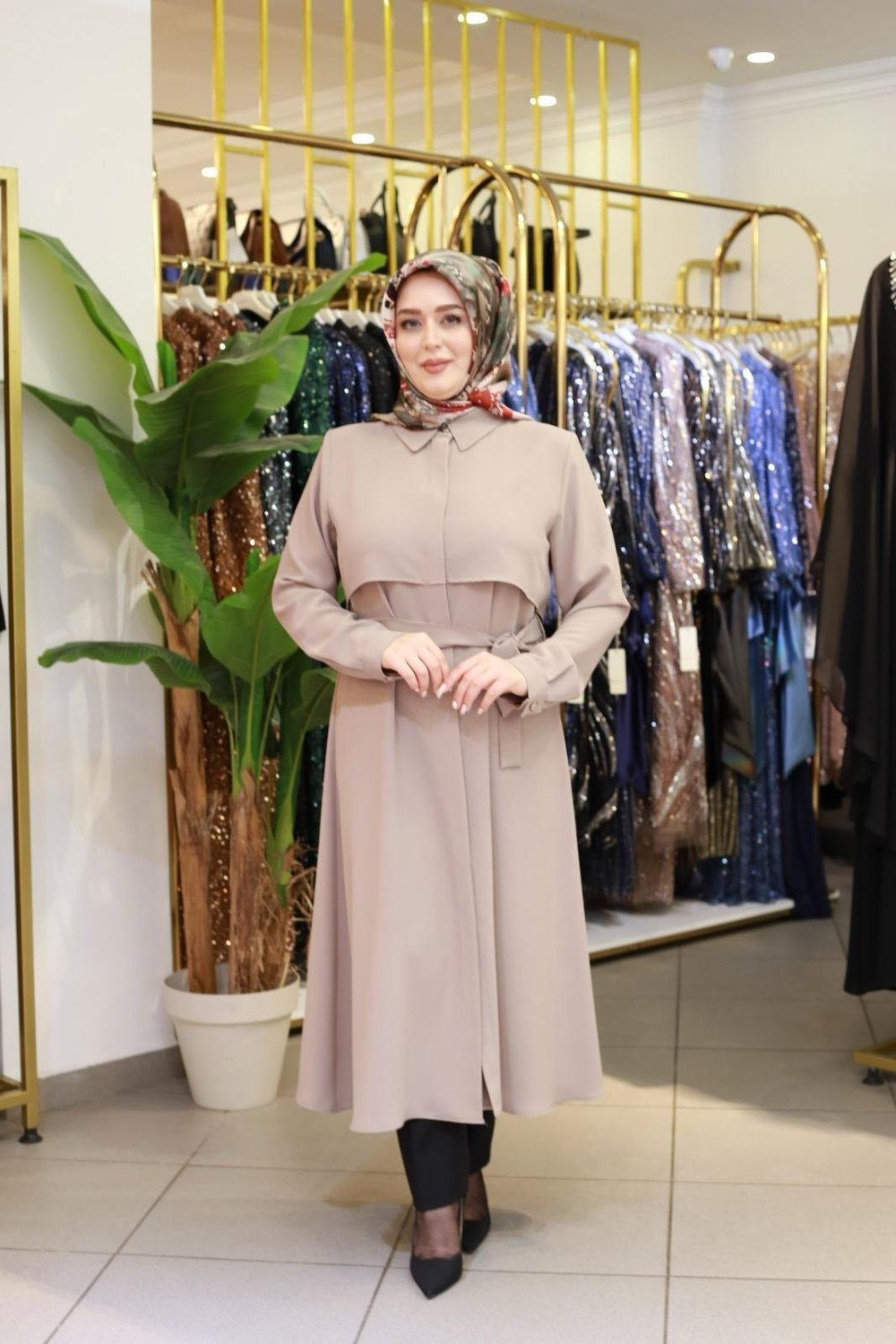 7117 KOD KEMERLİ GÖMLEK DETAYLI TUNİK BEJ