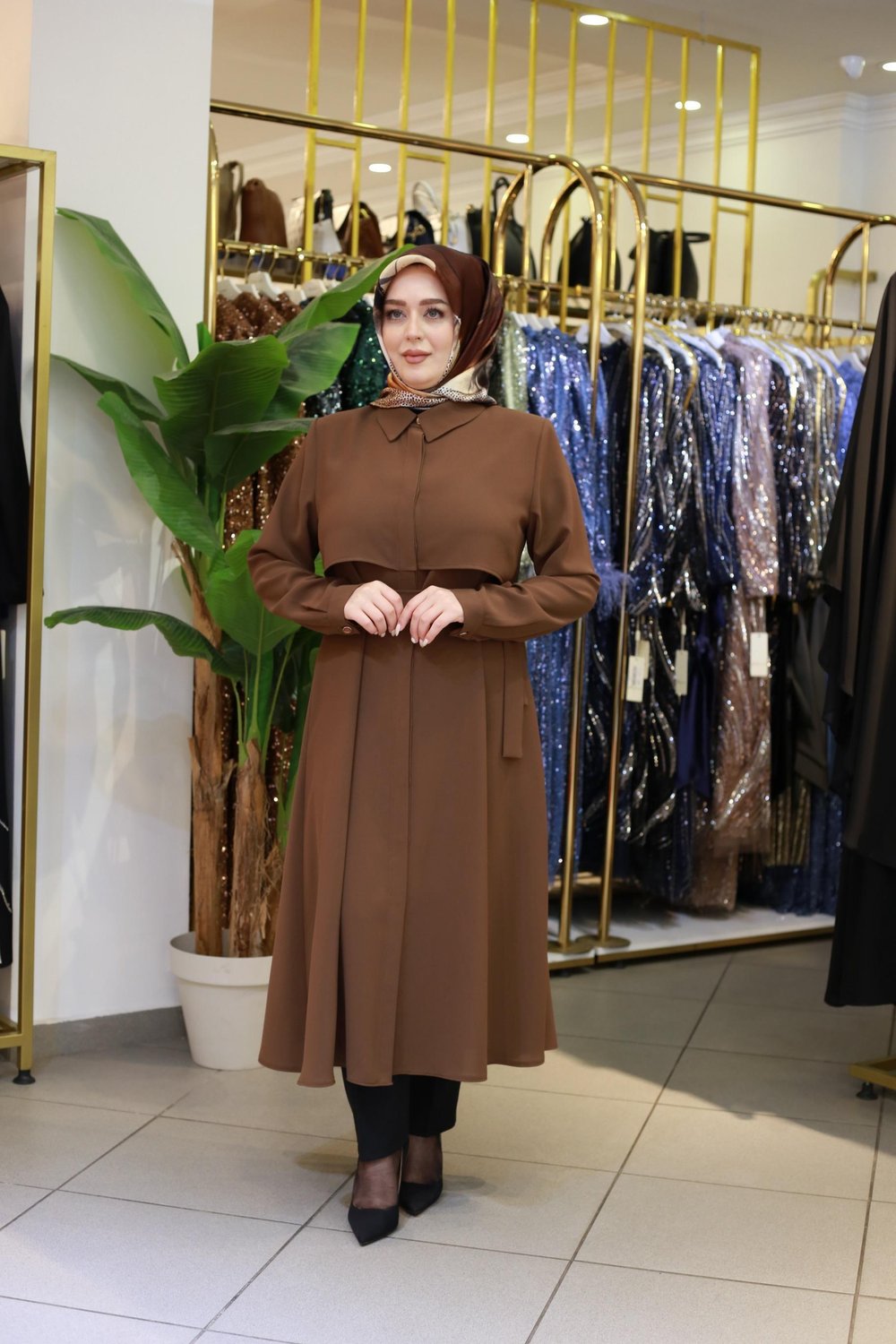 7117 KOD KEMERLİ GÖMLEK DETAYLI TUNİK KAHVE