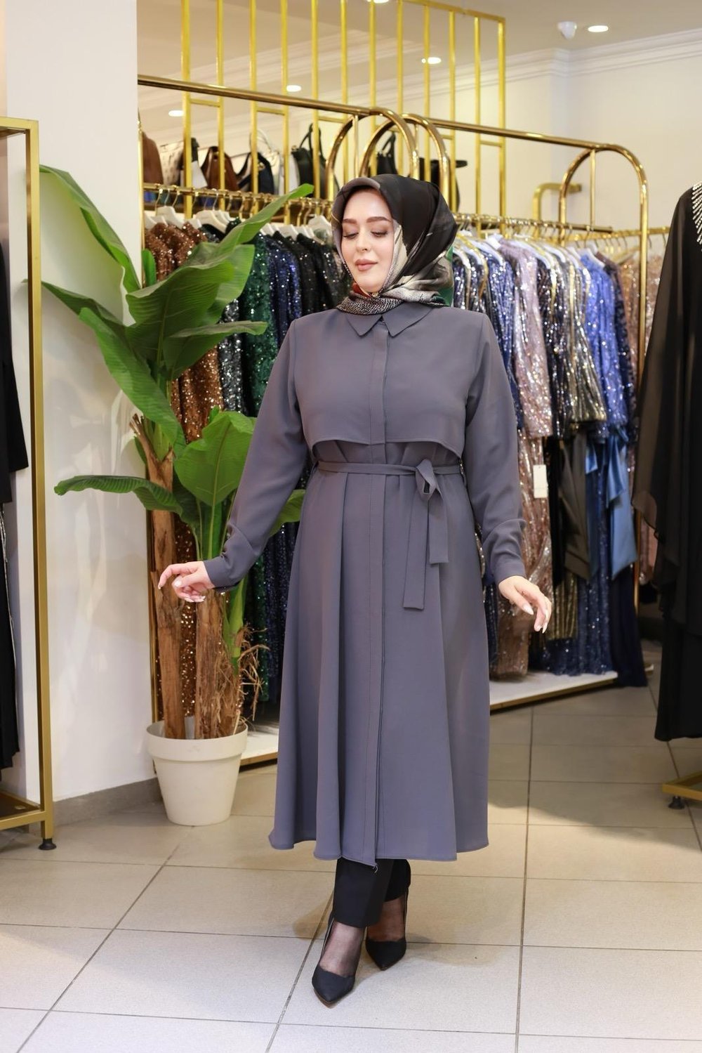 7117 KOD KEMERLİ GÖMLEK DETAYLI TUNİK GRİ