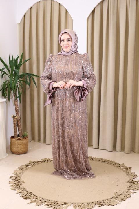 STR2566-1 KODLU İŞLEMELİ KUMAŞ ABİYE ELBİSE VİZON