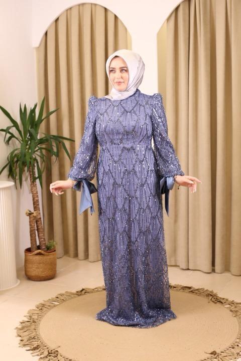 STR2566-2 KODLU İŞLEMELLİ KUMAŞ ABİYE ELBİSE MAVİ