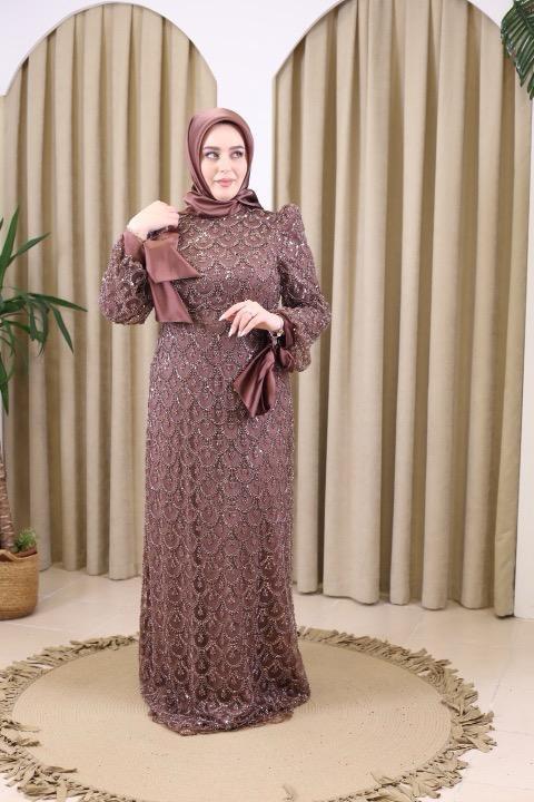 STR2566 KOD IŞILTILI ABİYE ELBİSE KAHVE