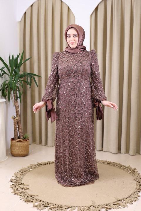 STR2566 KOD IŞILTILI ABİYE ELBİSE KAHVE