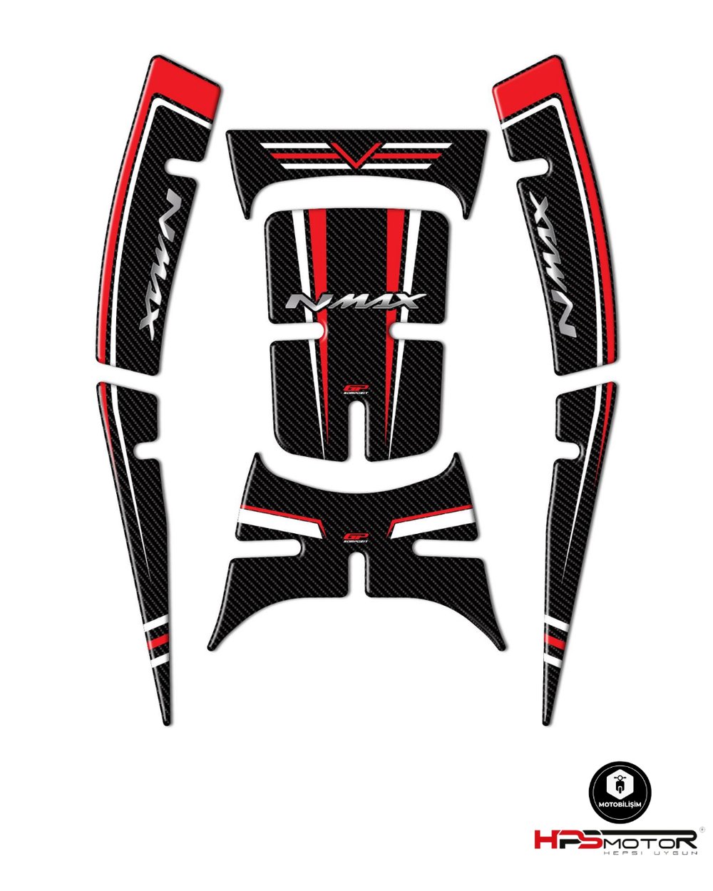 GP Kompozit Yamaha NMAX 125 / 155 2021-2024 Uyumlu Tank Pad Seti Kırmızı