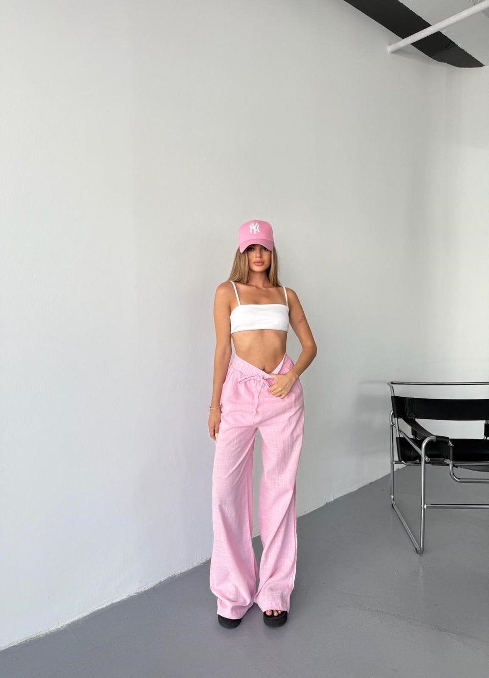Astarlı Palazzo Keten Pantolon-Pembe