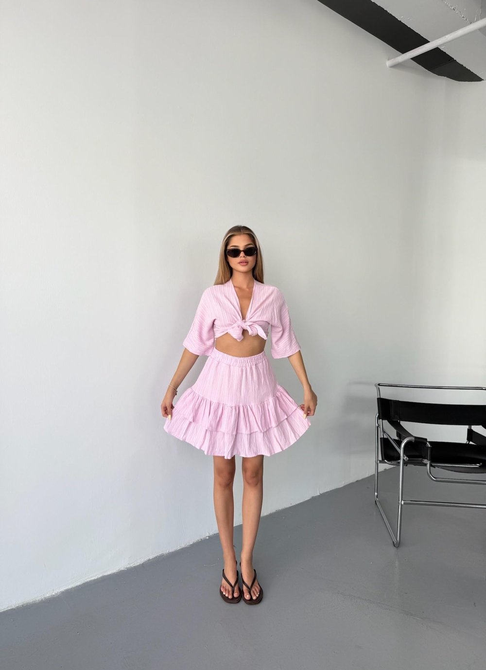 Bağlamalı Bluz Etek Takım-Pembe