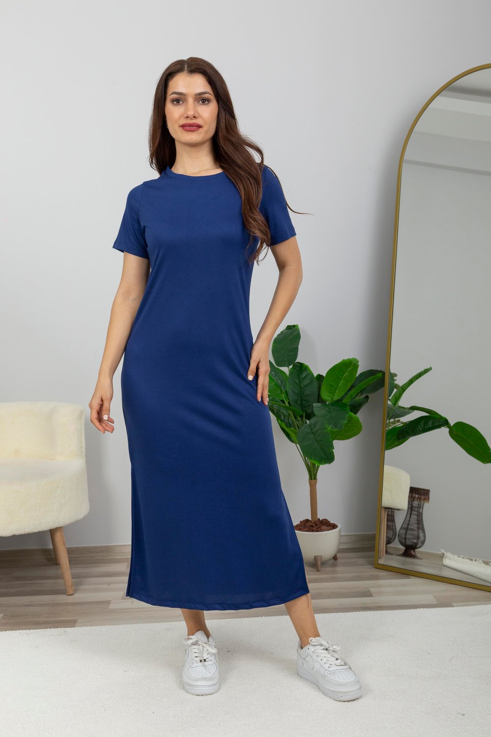 Bisiklet Yaka Basic Elbise-Lacivert