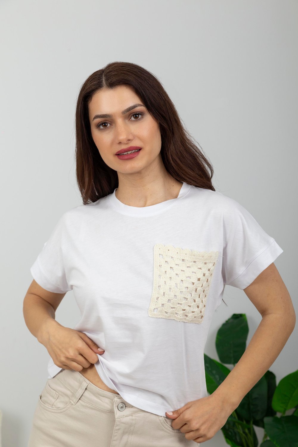Dantel Cep Detaylı Basic-Beyaz