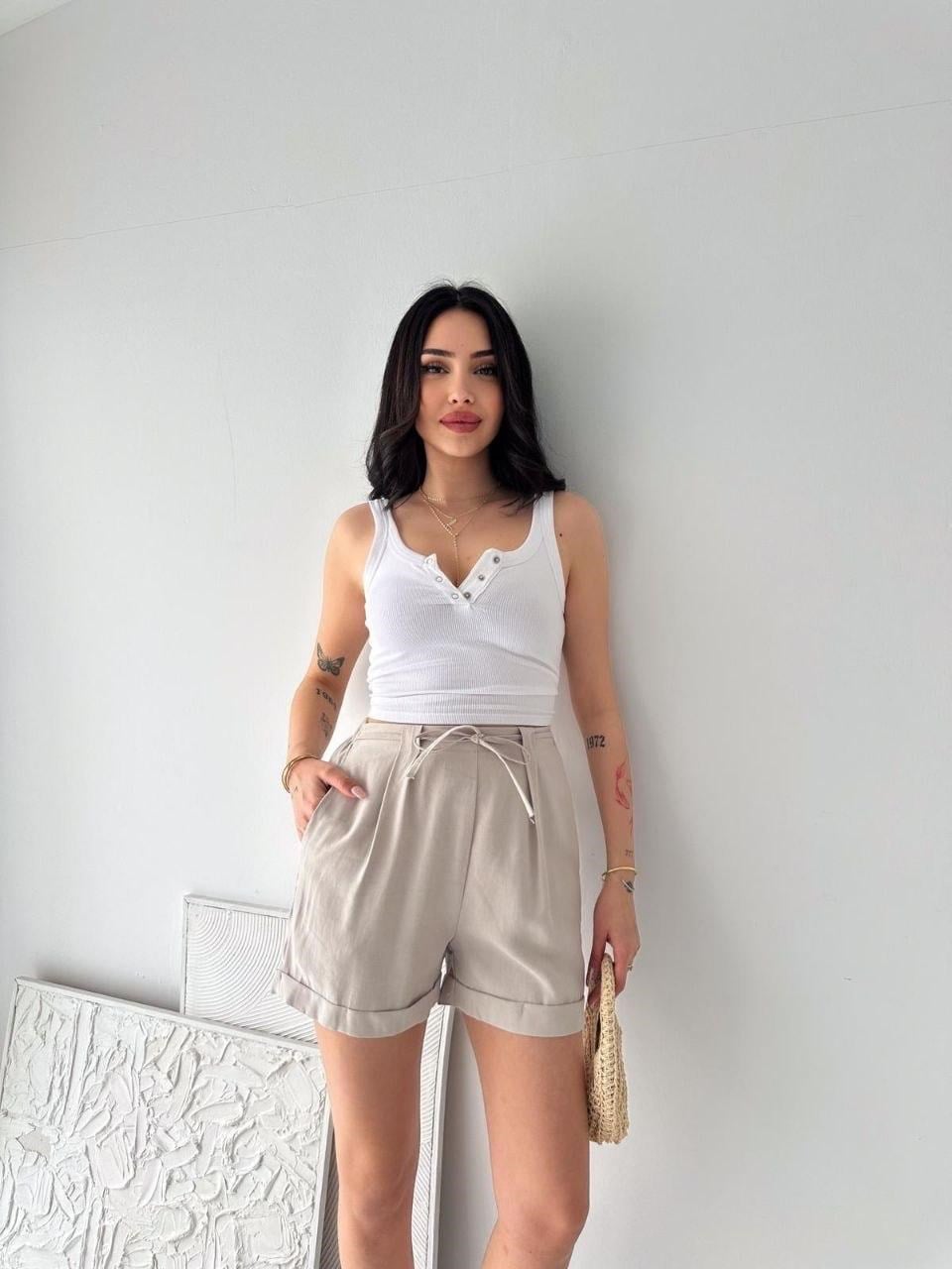 Duble Paça Pile Detaylı Tensel Şort-Bej