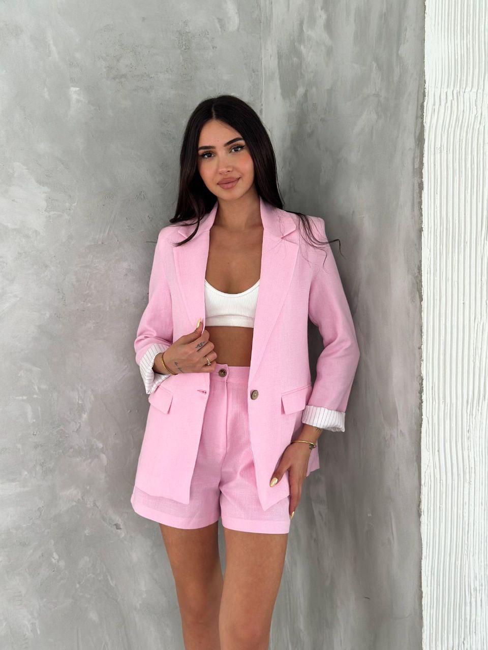 Flamlı Keten Şort-Pembe
