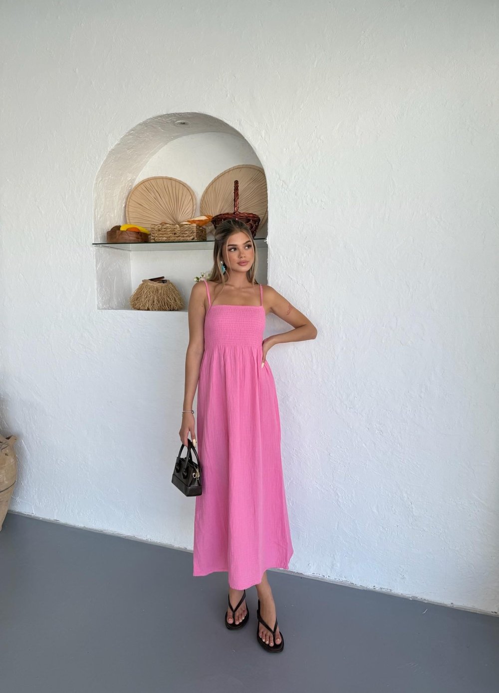 İnce Askılı Gipeli Müslin Elbise-Pembe