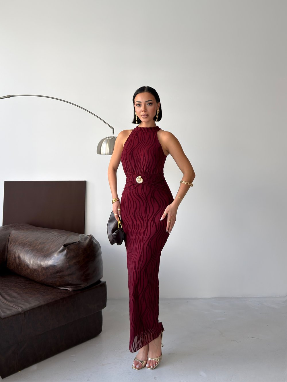 LİORA Halter Yaka Simli Elbise-Bordo