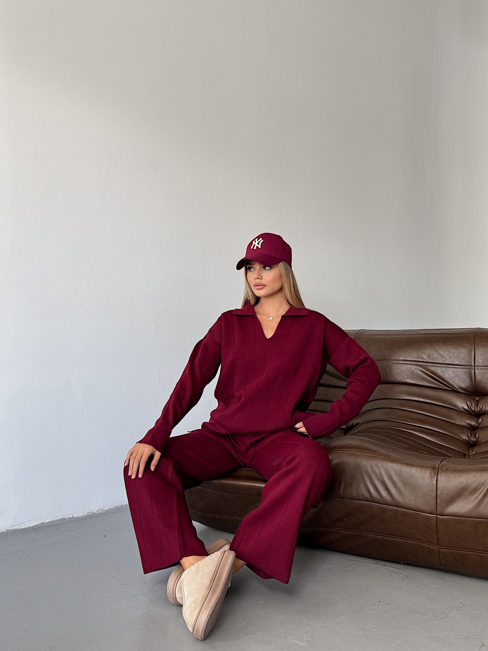 Polo Yaka Triko İkili Takım-Bordo