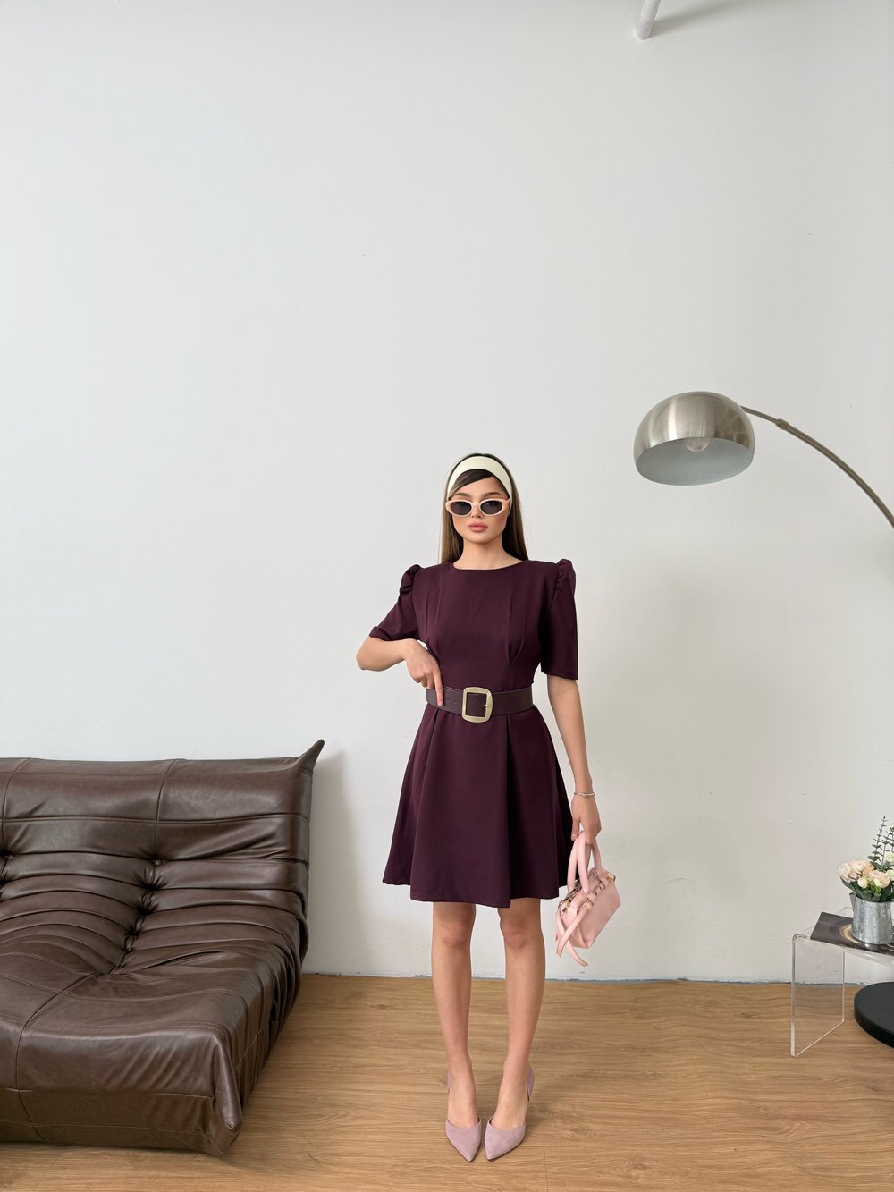 Prenses Kol Kemerli Mini Elbise-Mürdüm