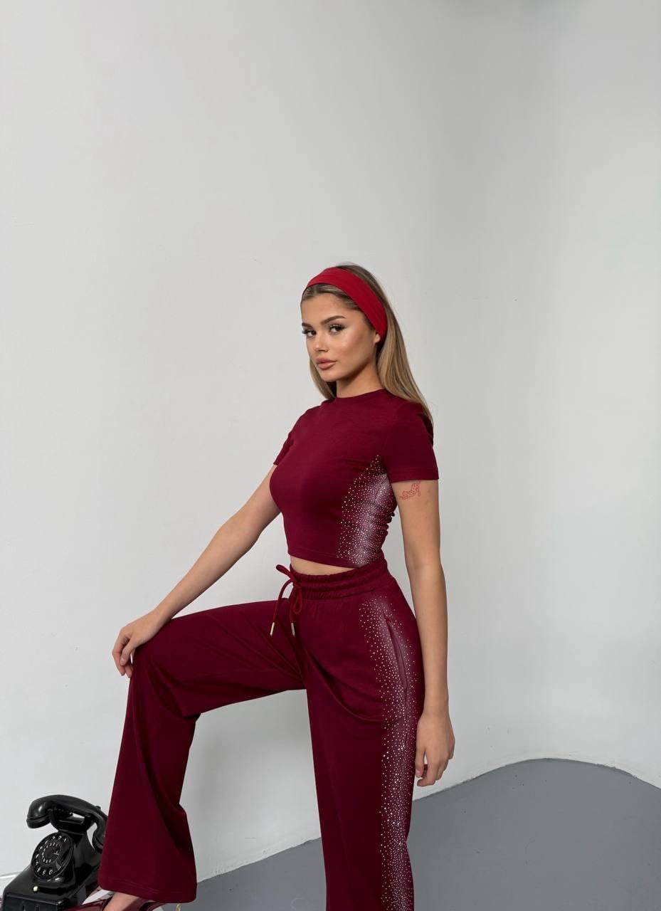 Yan Püskürtme Ve Taş Detaylı Takım-Bordo