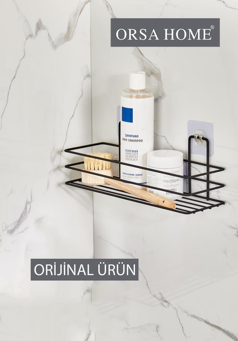 926 Güçlü Magic Yapışkan Askılı Dikdörtgen Banyo Rafı Mat Siyah