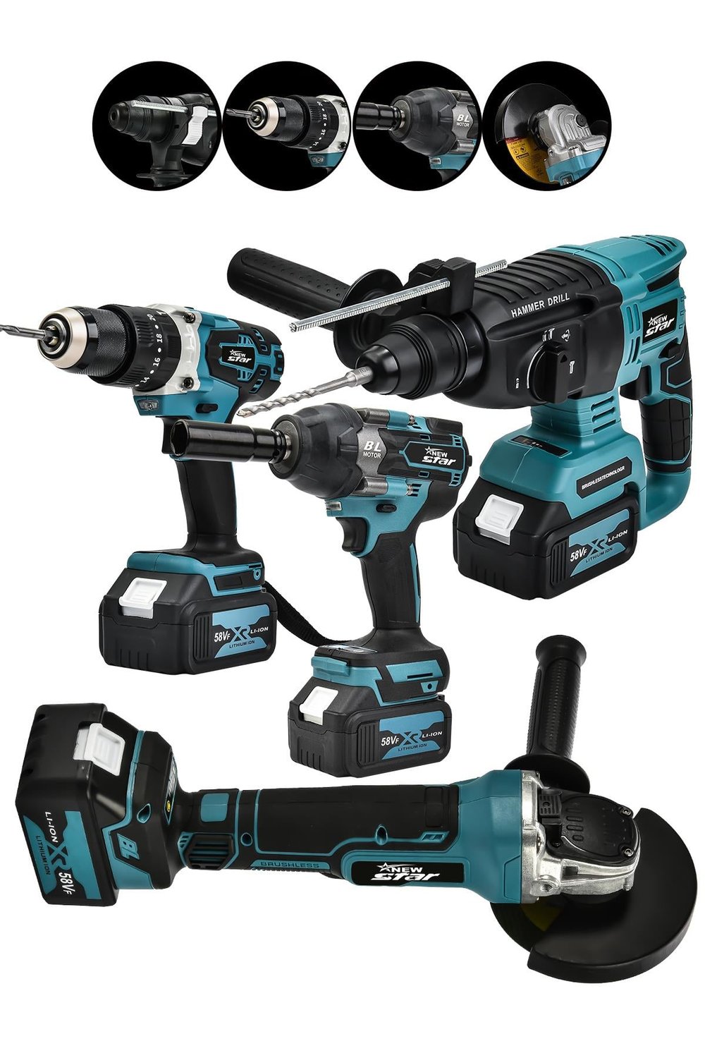 New Star Profesyonel 4'Lü Set Şarjlı Delici Kırıcı Hilti 2-26+125mm Taşlama+800Nm Somun Sökme+13mm Darbeli Matkap Mavi