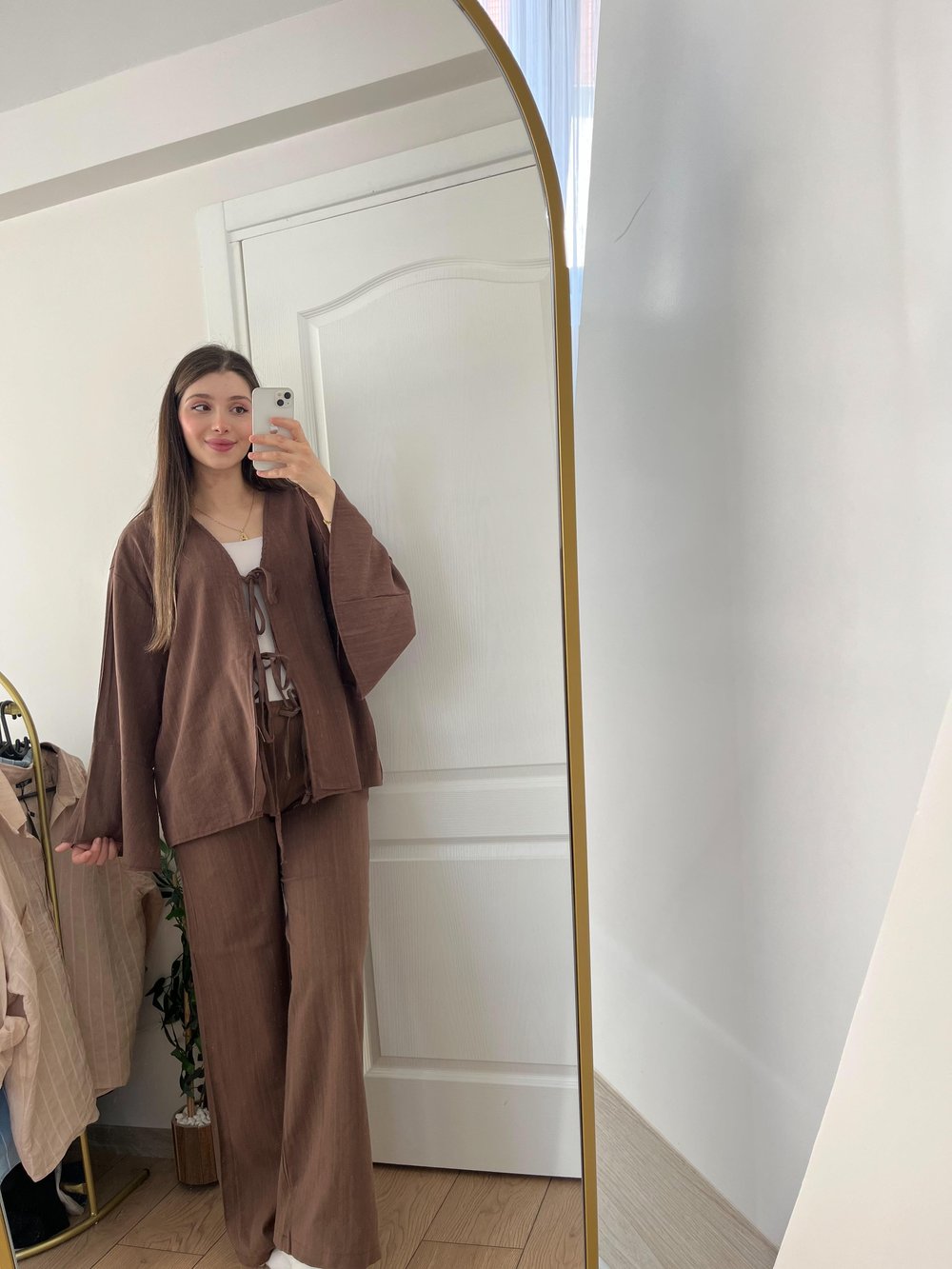 Acı kahve Fiyonk bağlama detaylı kimona keten takım