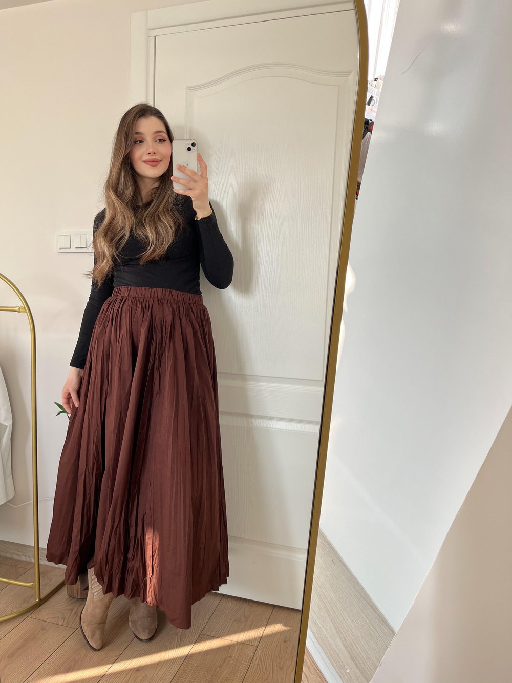 Kahve Beli Lastikli Astarlı Poplin Etek