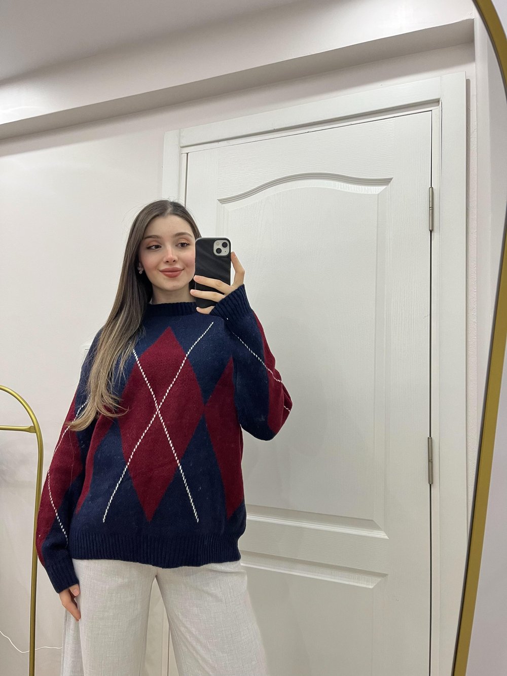 Lacivert Bordo Baklava Desen Triko Kazak