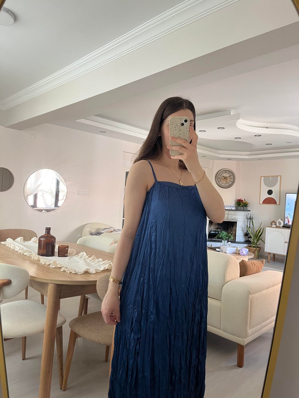 Premium Mavi Kırışık Kumaş Elbise