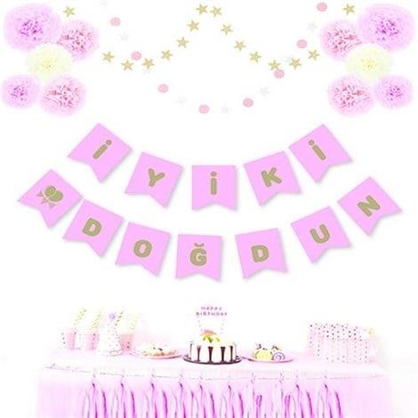İyi ki Doğdun Banner Süs 1.8 mt Gold Yaldızlı Pembe