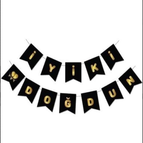 İyi ki Doğdun Banner Süs 180cm Gold Yaldızlı Siyah