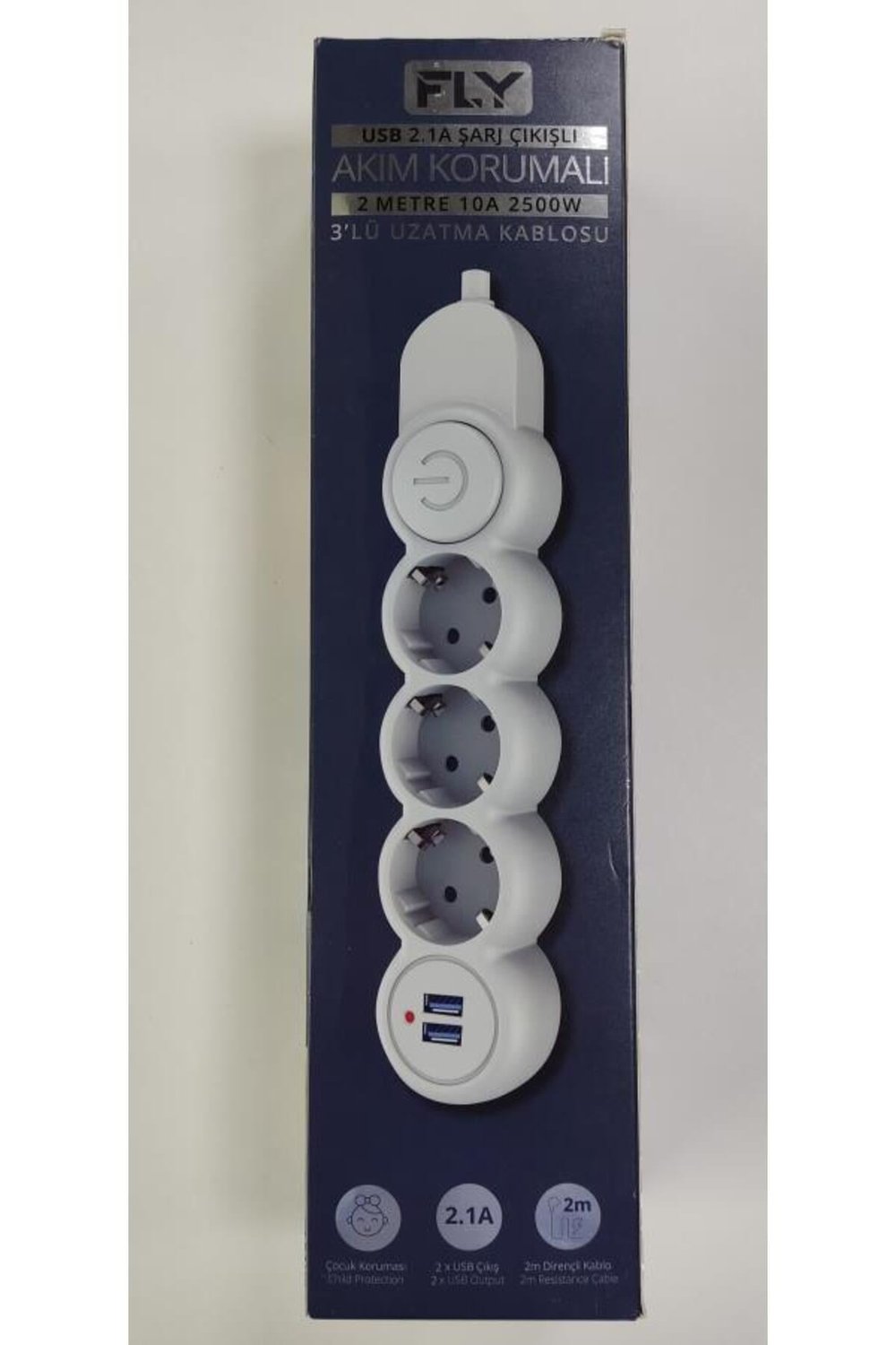 3393-01 3lü 2mt 2.1A Anahtarlı 2Usb Şarj Çıkışlı Akım Korumalı 2500w