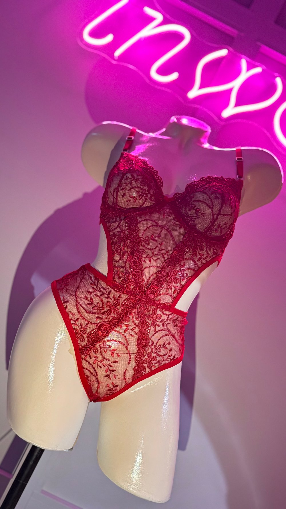 Dantelli Kırmızı Balenli Transparan Bodysuit