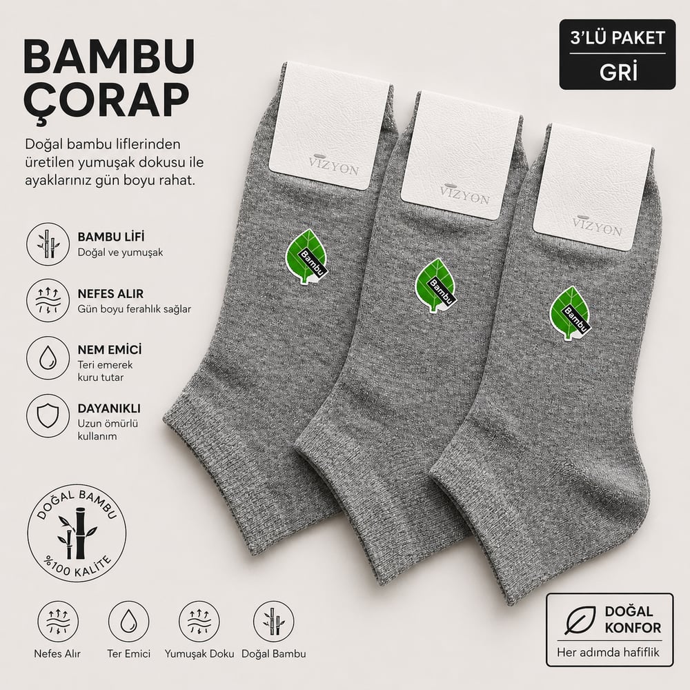 Vizyon Erkek Gri Bambu 3'lü Çorap