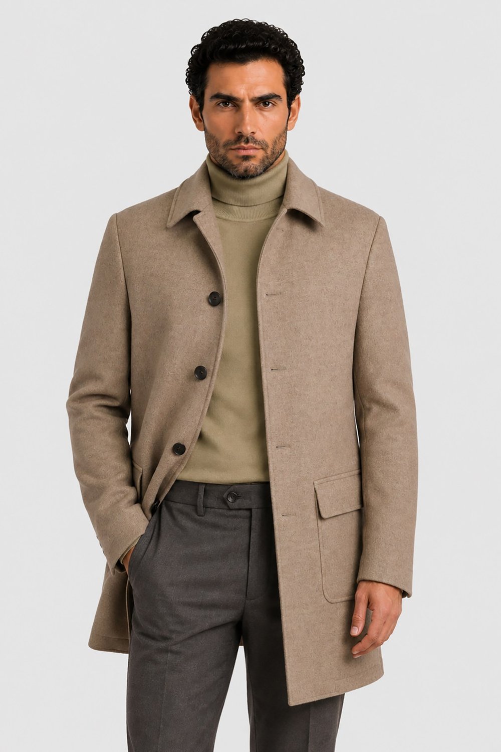 Bej Made in Italy Vitale Barberis Erkek Düğmeli Cepli %100 Yün Kaban U008198
