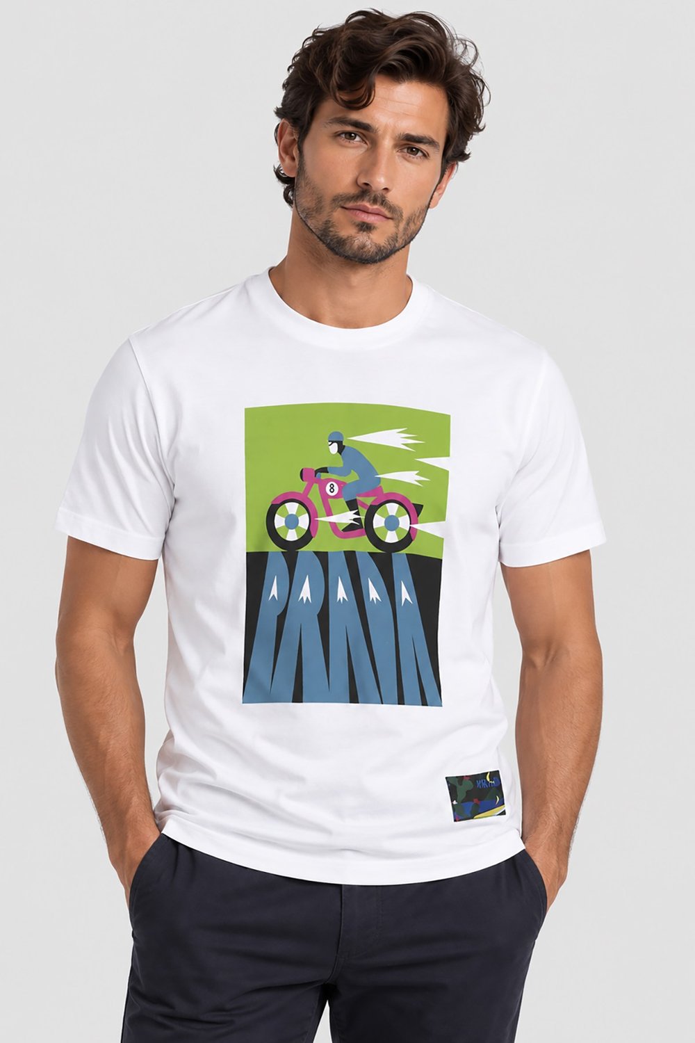 Beyaz Prada Erkek Bisiklet Yaka T-Shirt JWP Motorbike U005076
