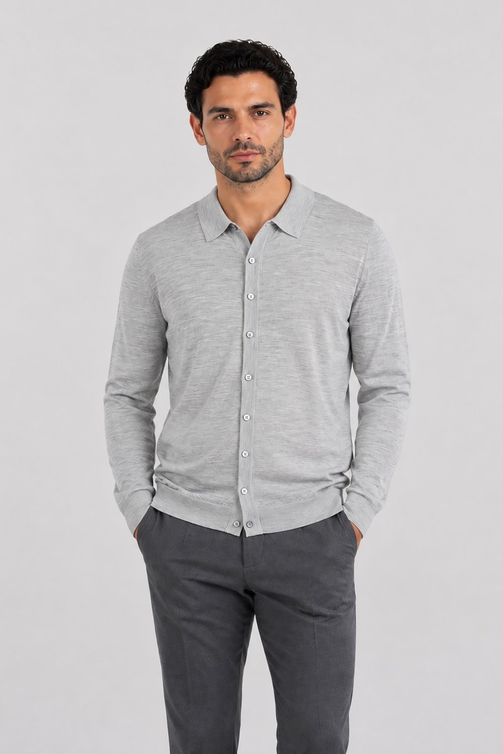 Gri Made in Italy Erkek Polo Yaka Düğmeli Yün İpek Triko Hırka U008229