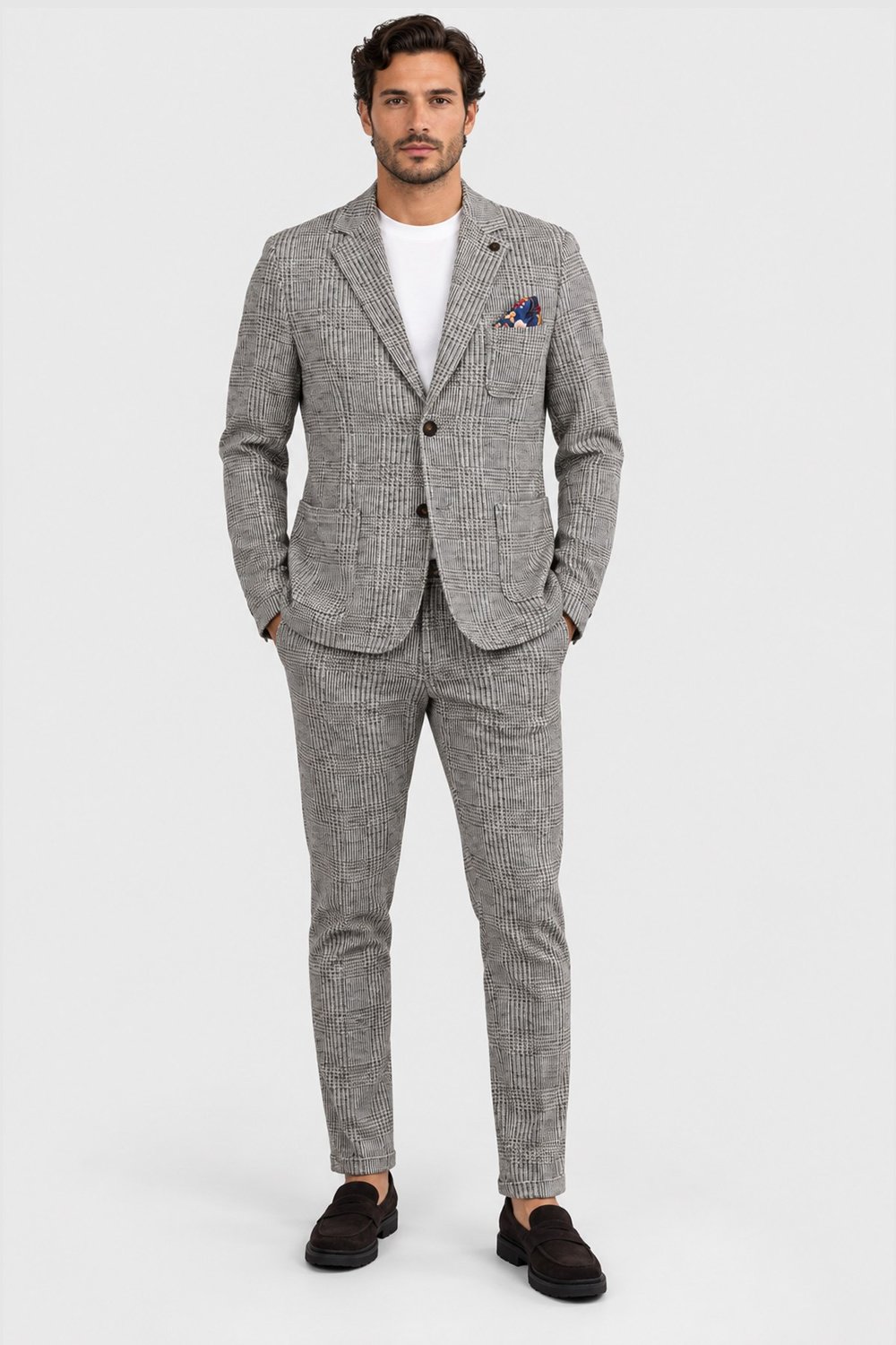 Kahve V2 Brand Made in Italy Erkek Ekoseli Düğmeli Takım Elbise QUSAB U007929