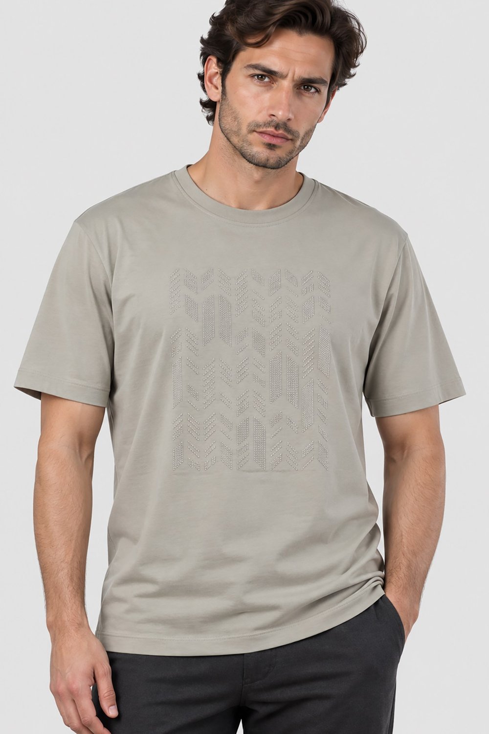 Krem Dimattia Erkek Bisiklet Yaka İşlemeli Pamuk T-Shirt U007976